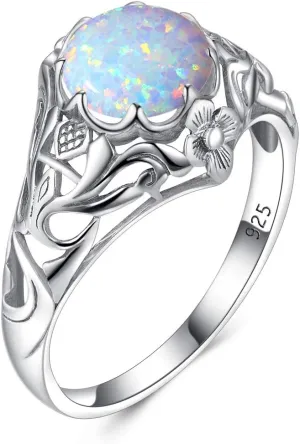 Vintage Real Silver Opal Rings for Women 2ct Round Shape Art Deco Ring Silver Jewelry Winter Lady Mom Gift Christmas
