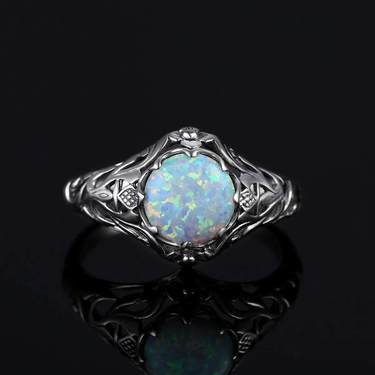 Vintage Real Silver Opal Rings for Women 2ct Round Shape Art Deco Ring Silver Jewelry Winter Lady Mom Gift Christmas