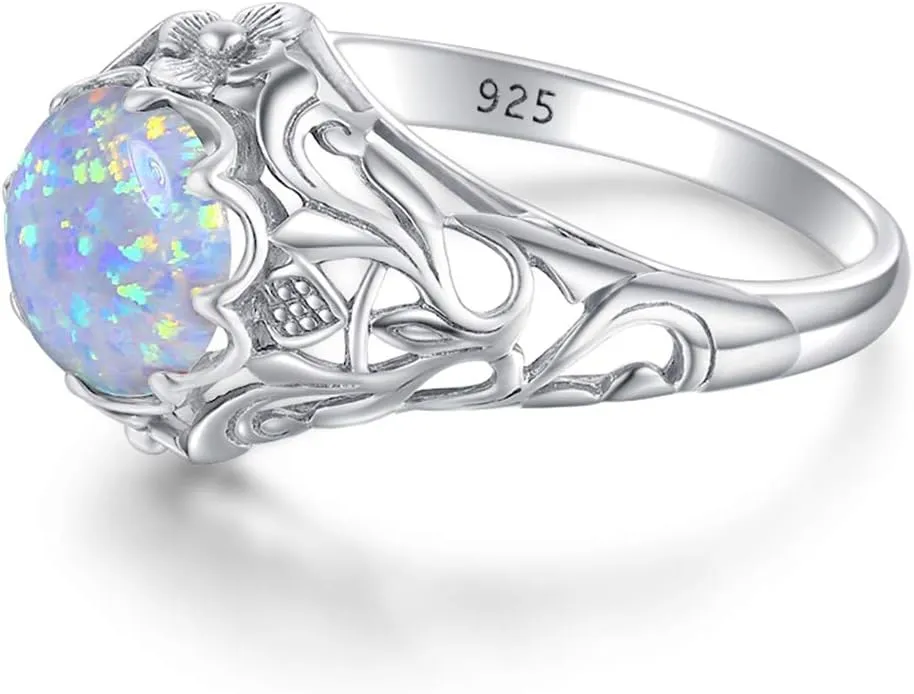 Vintage Real Silver Opal Rings for Women 2ct Round Shape Art Deco Ring Silver Jewelry Winter Lady Mom Gift Christmas
