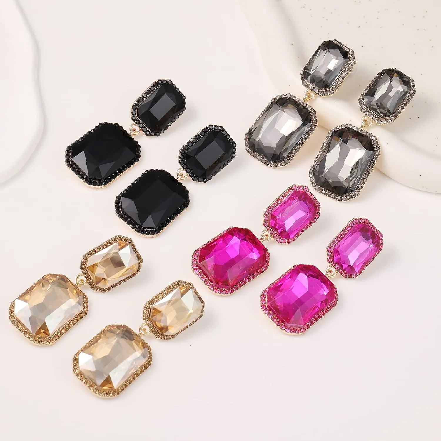 Vintage Rhinestone Statement Earrings Fancy Big Crystal Rectangle Drop Dangle Earrings Evening Prom Pageant Jewelry Earrings for Women