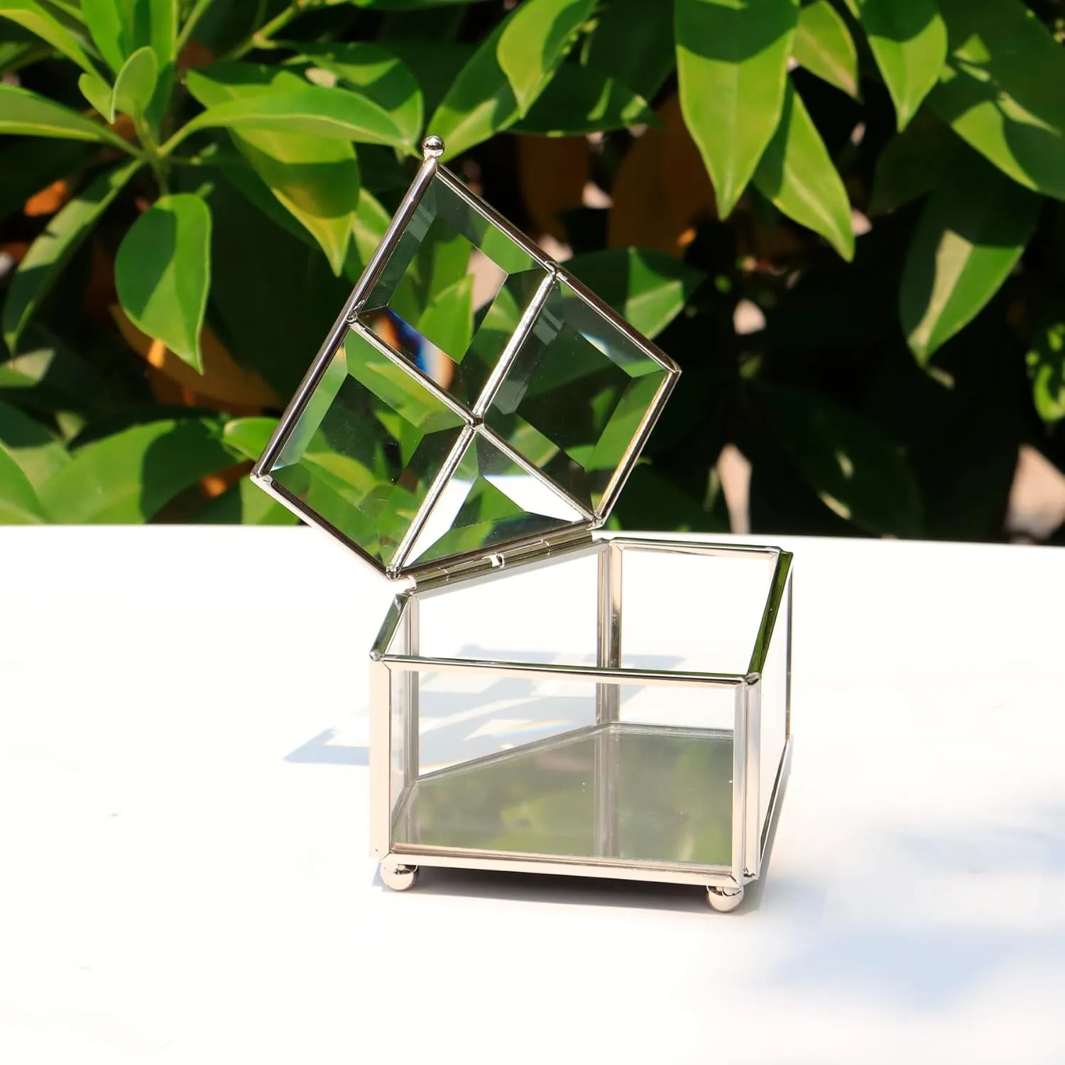 Vintage Silver Glass Jewelry Box with Hinged Lid, Jewelry Ring, Bracelet, Souvenir Metal Display Box, Transparent Storage Box.(4.6x4.6x3.2Inches) (Antique Silver)