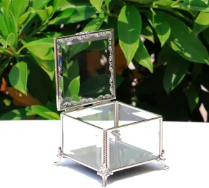 Vintage Silver Glass Jewelry Box with Hinged Lid, Jewelry Ring, Bracelet, Souvenir Metal Display Box, Transparent Storage Box.(4.6x4.6x3.2Inches) (Silver)