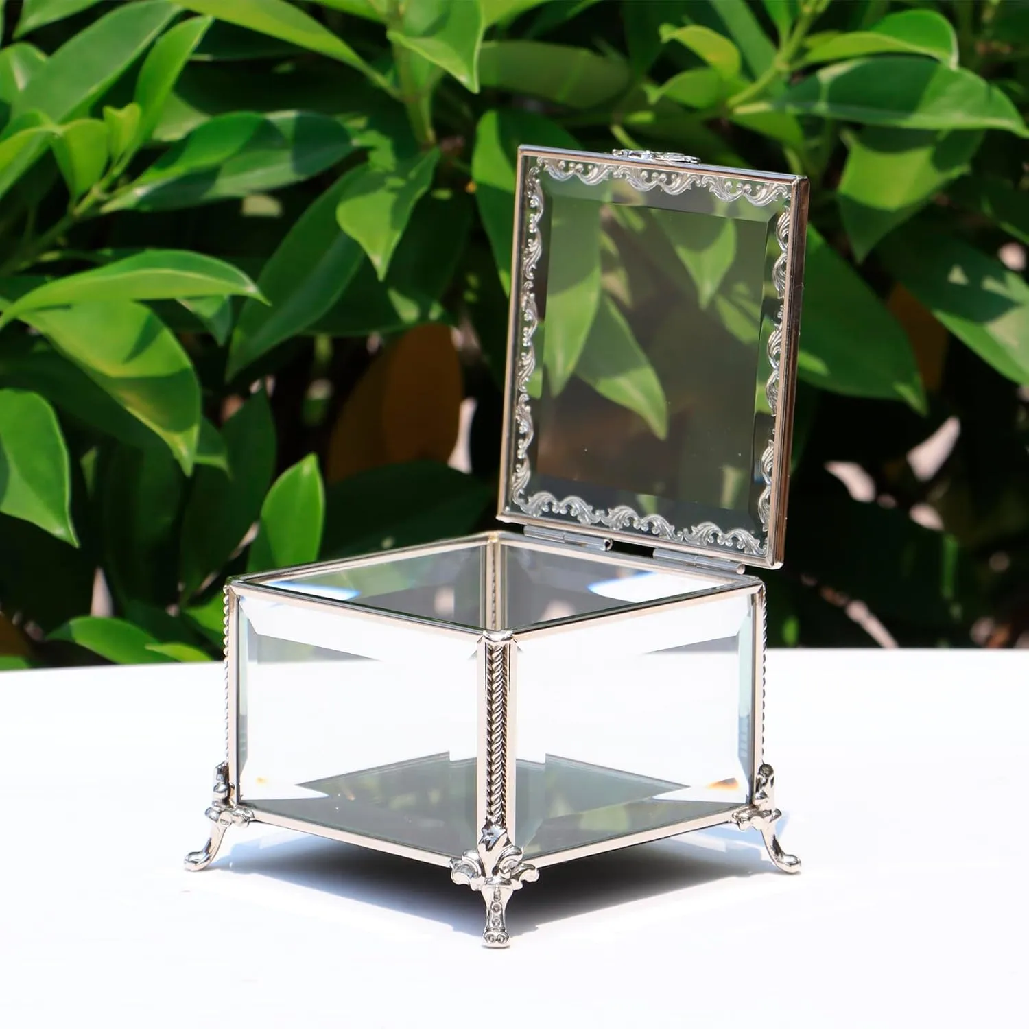 Vintage Silver Glass Jewelry Box with Hinged Lid, Jewelry Ring, Bracelet, Souvenir Metal Display Box, Transparent Storage Box.(4.6x4.6x3.2Inches) (Silver)