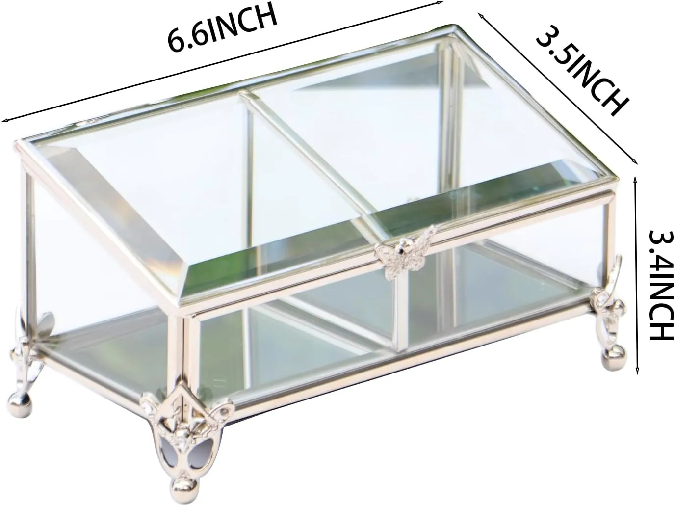Vintage Silver Glass Jewelry Box with Hinged Lid, Jewelry Ring, Bracelet, Souvenir Metal Display Box, Transparent Storage Box.(4.6x4.6x3.2Inches) (Vintage Silver)