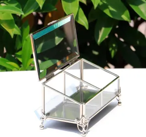 Vintage Silver Glass Jewelry Box with Hinged Lid, Jewelry Ring, Bracelet, Souvenir Metal Display Box, Transparent Storage Box.(4.6x4.6x3.2Inches) (Vintage Silver)