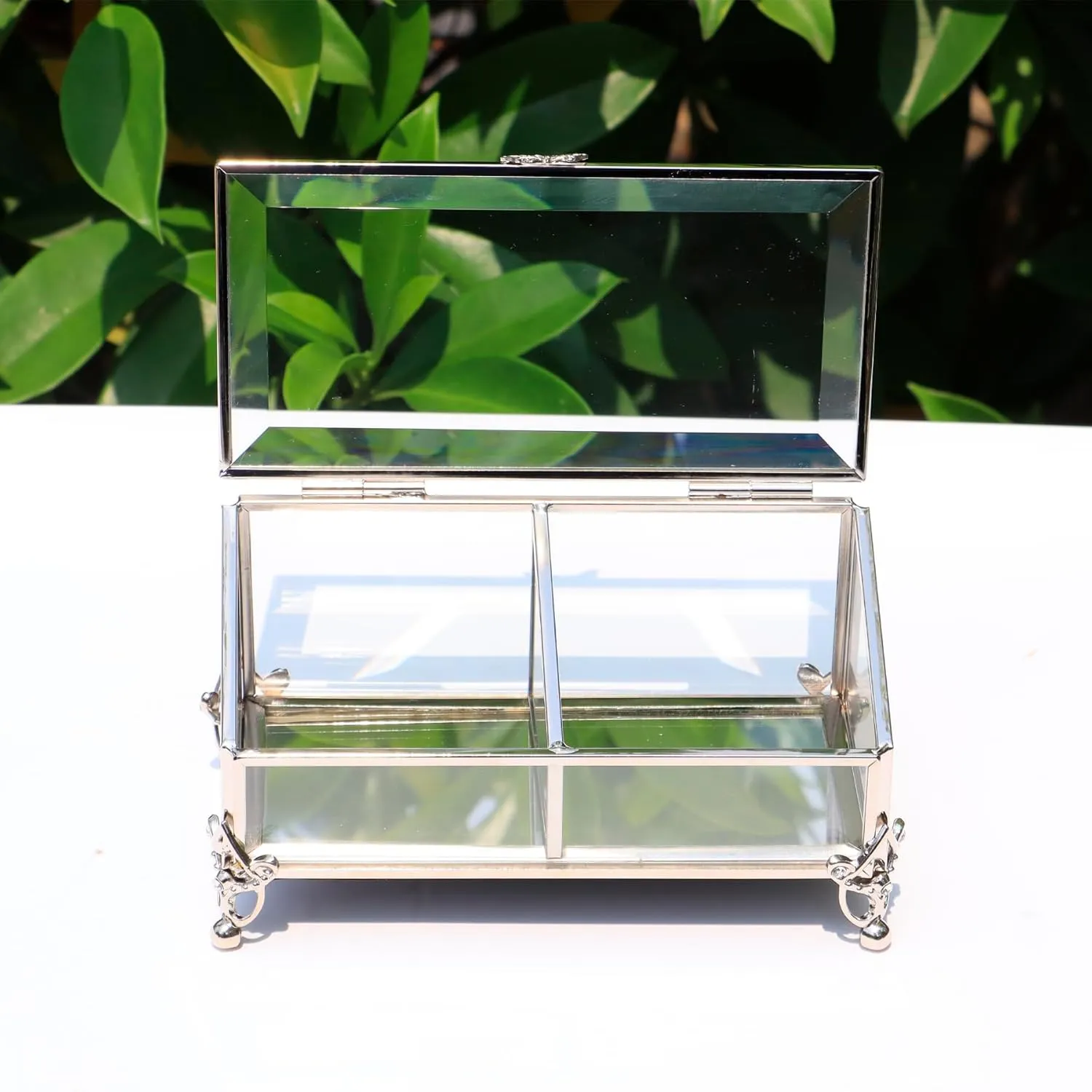 Vintage Silver Glass Jewelry Box with Hinged Lid, Jewelry Ring, Bracelet, Souvenir Metal Display Box, Transparent Storage Box.(4.6x4.6x3.2Inches) (Vintage Silver)