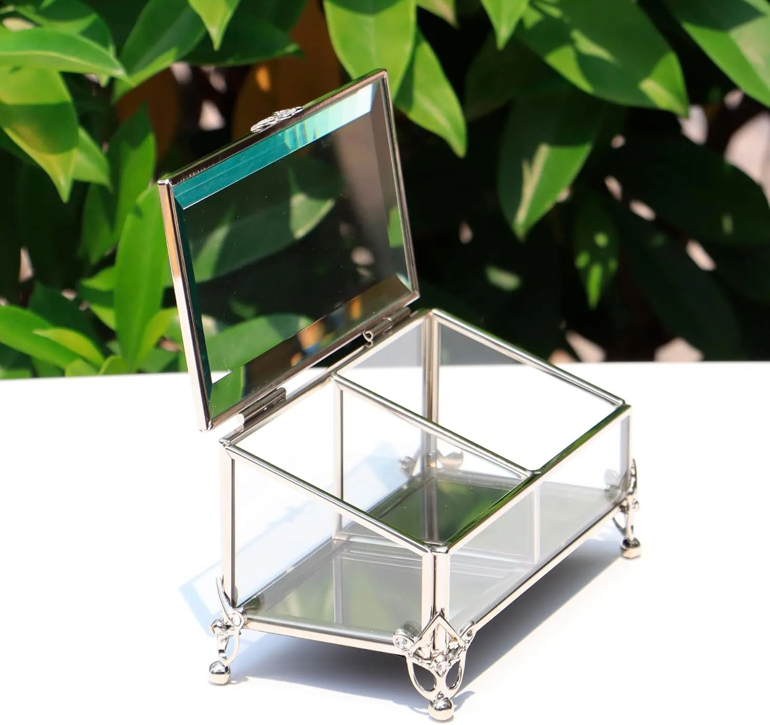 Vintage Silver Glass Jewelry Box with Hinged Lid, Jewelry Ring, Bracelet, Souvenir Metal Display Box, Transparent Storage Box.(4.6x4.6x3.2Inches) (Vintage Silver)