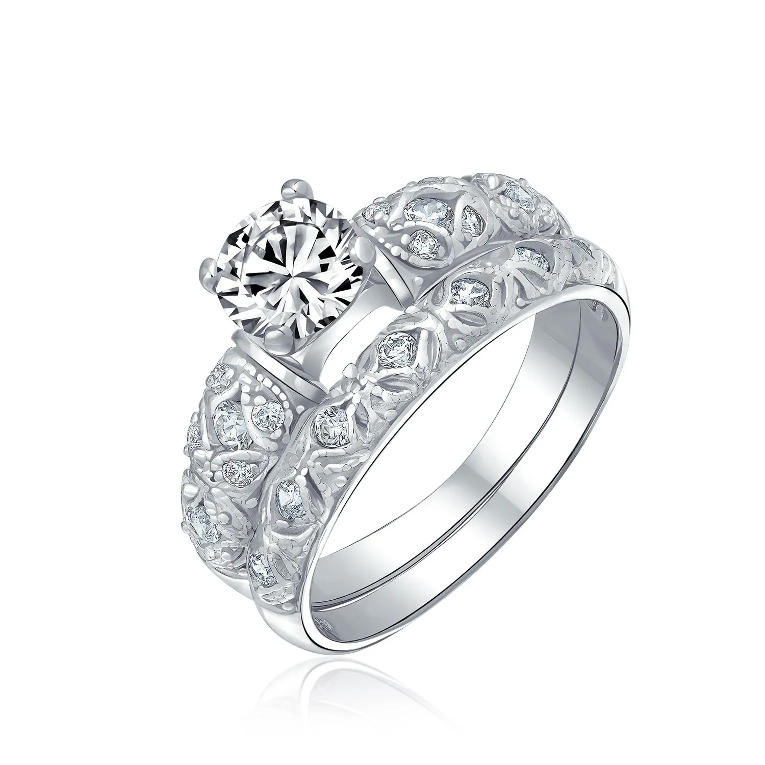 Vintage Style Cocktail Statement Ring: 1CT Round Solitaire Filigree CZ Sterling Silver
