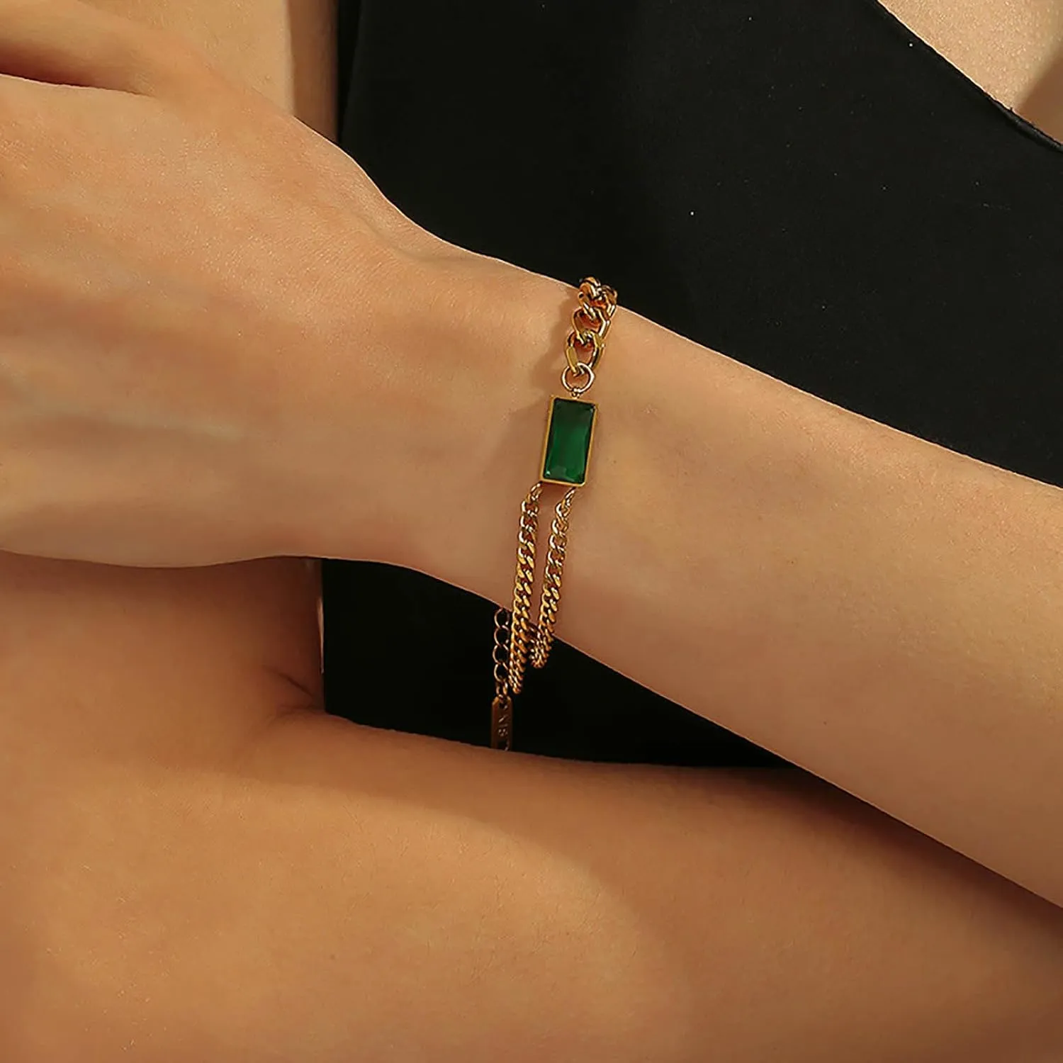 W WEILIRIAN Square Emerald Bracelets for Women Blue Crystal Bracelet Layered Green Gem Bracelet Handmade Adjustable Bracelet Hand Chain Jewelry for Girls Gifts (Green)