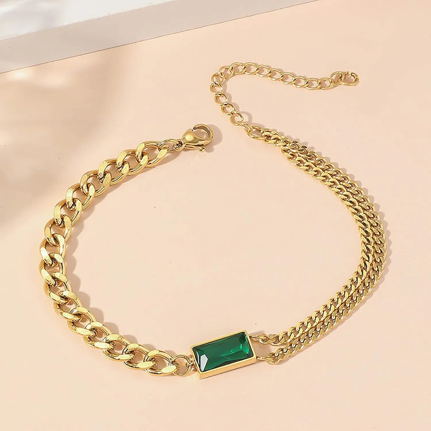 W WEILIRIAN Square Emerald Bracelets for Women Blue Crystal Bracelet Layered Green Gem Bracelet Handmade Adjustable Bracelet Hand Chain Jewelry for Girls Gifts (Green)