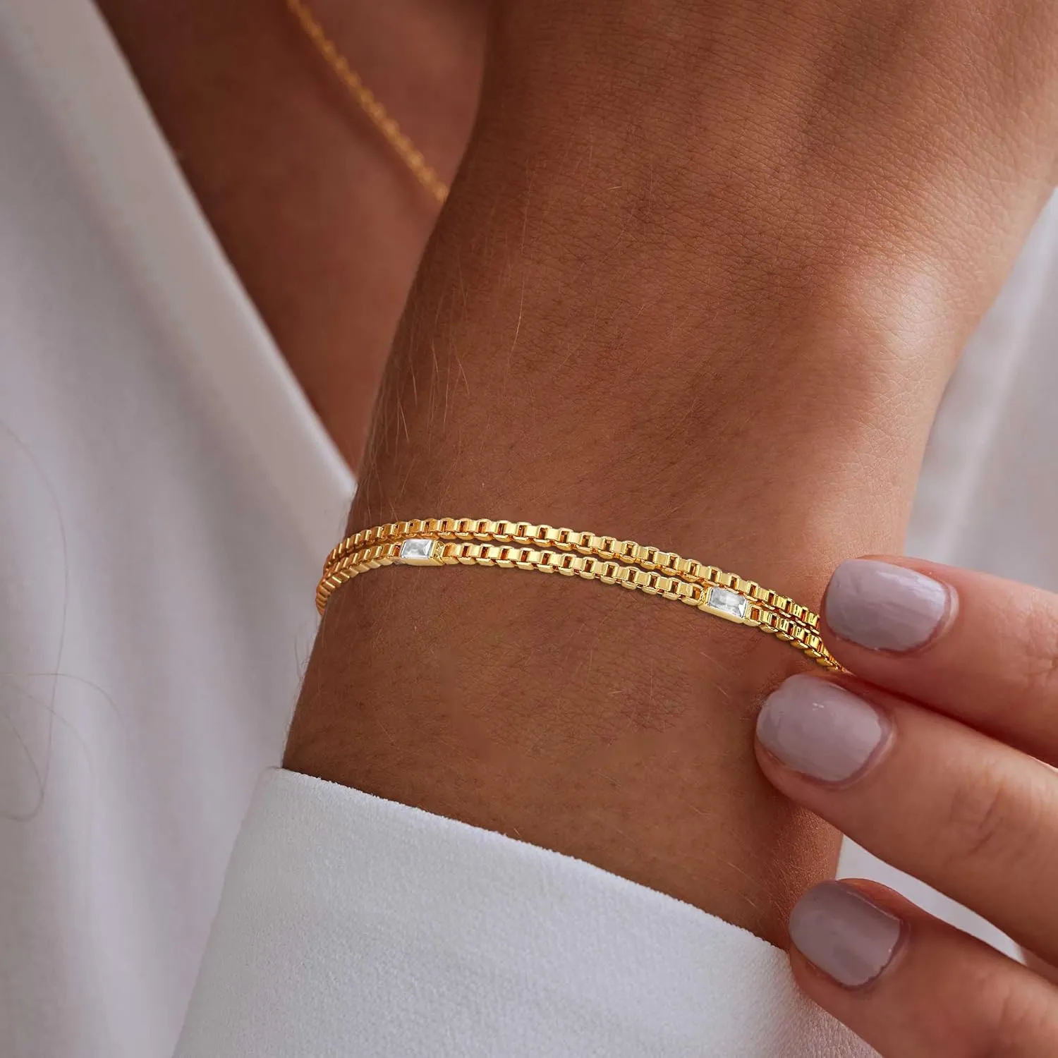 WEDDINEN Birthstone Bracelets for Women, 14K Gold Plated Dainty Double Layers Stackable Blue Green May Emerald Adiustable Friendship Bracelets Jewelry Gifts for Mom Best Friend