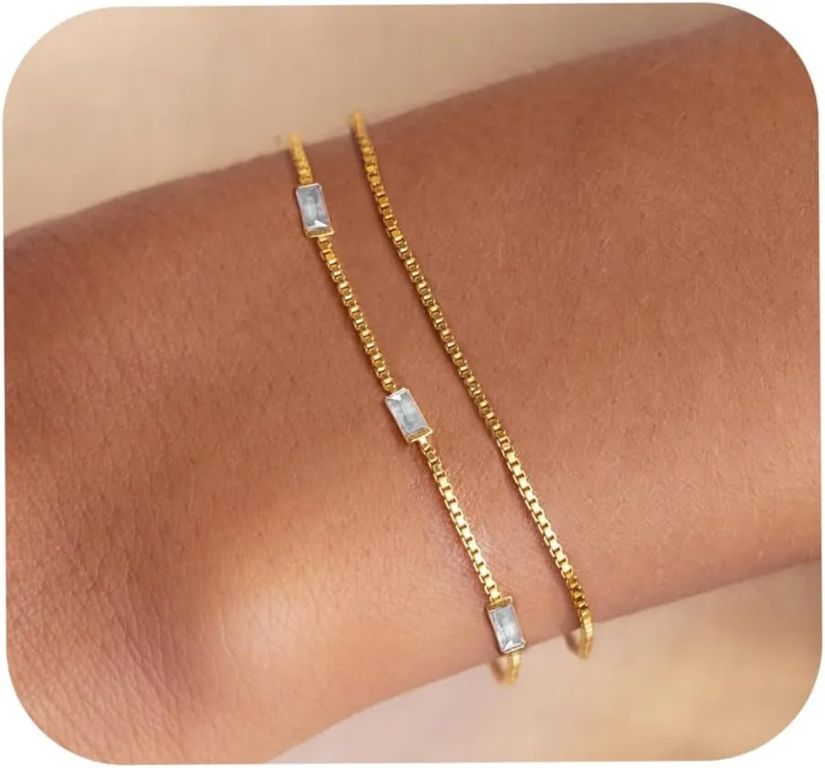 WEDDINEN Birthstone Bracelets for Women, 14K Gold Plated Dainty Double Layers Stackable Blue Green May Emerald Adiustable Friendship Bracelets Jewelry Gifts for Mom Best Friend