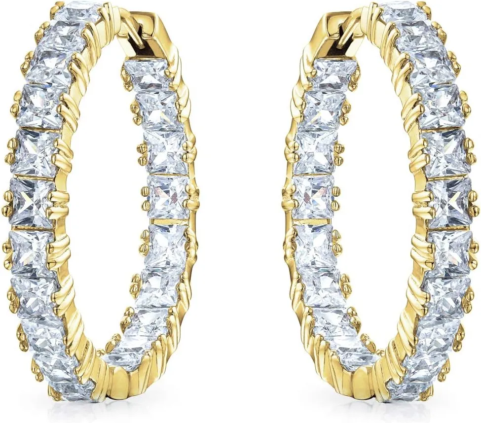 Wedding Modern Bridal Clear Cubic Zirconia Multi Color AAA CZ Baguettes Statement Large Pearl CZ Inside Out Hoop Earrings For Women Rose Yellow Gold Silver Plated Clear Or Multi Color 1.25 Inch