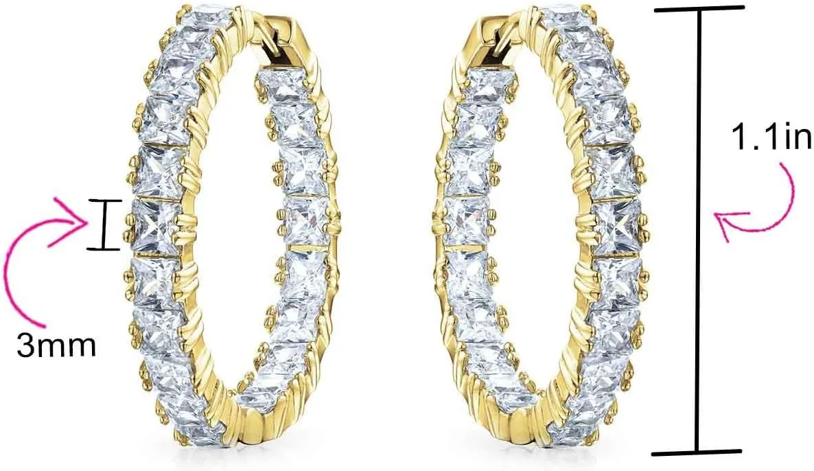 Wedding Modern Bridal Clear Cubic Zirconia Multi Color AAA CZ Baguettes Statement Large Pearl CZ Inside Out Hoop Earrings For Women Rose Yellow Gold Silver Plated Clear Or Multi Color 1.25 Inch