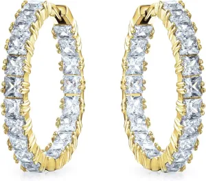 Wedding Modern Bridal Clear Cubic Zirconia Multi Color AAA CZ Baguettes Statement Large Pearl CZ Inside Out Hoop Earrings For Women Rose Yellow Gold Silver Plated Clear Or Multi Color 1.25 Inch