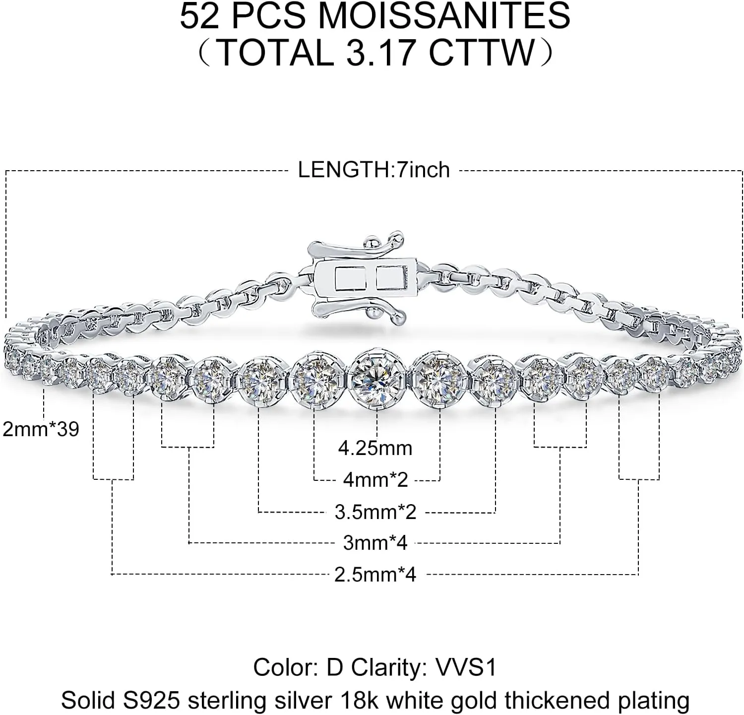 WES Moissanite Tennis Bracelet for Women mens 3.17Ct Double Row Lab Grown Women moissanite bracelets 18k white gold plated 925 silver Gift for women Men Gift birthday anniversary