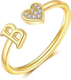 WFYOU Heart Initial Ring for Women Silver Rose Gold Plated Heart Capital Letter Initial Ring Stackable Rings for Women Adjustable Alphabet Letter Rings Jewelry Gifts