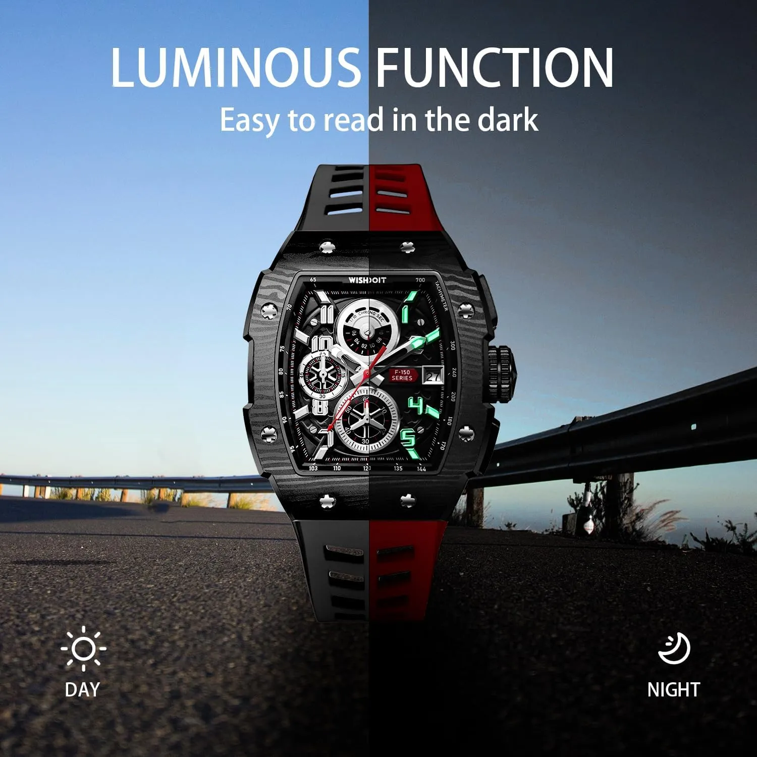WISHDOIT Chronograph Multifunction Watch Men Luxury Tonneau Watch Calendar Date Luminous Waterproof Men Watch