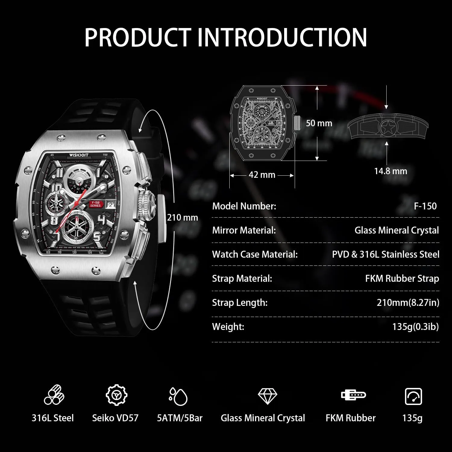 WISHDOIT Chronograph Multifunction Watch Men Luxury Tonneau Watch Calendar Date Luminous Waterproof Men Watch