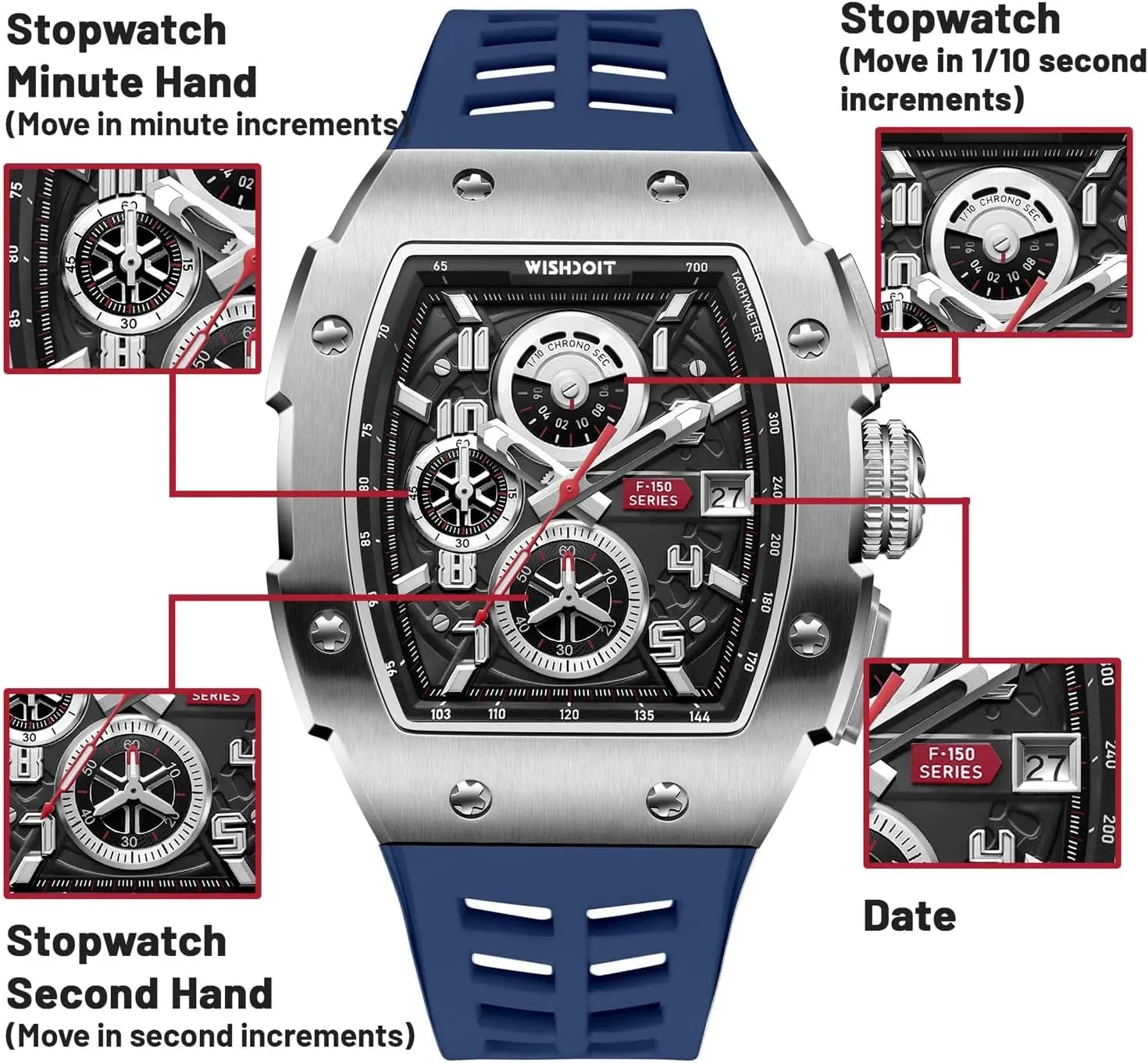 WISHDOIT Chronograph Multifunction Watch Men Luxury Tonneau Watch Calendar Date Luminous Waterproof Men Watch