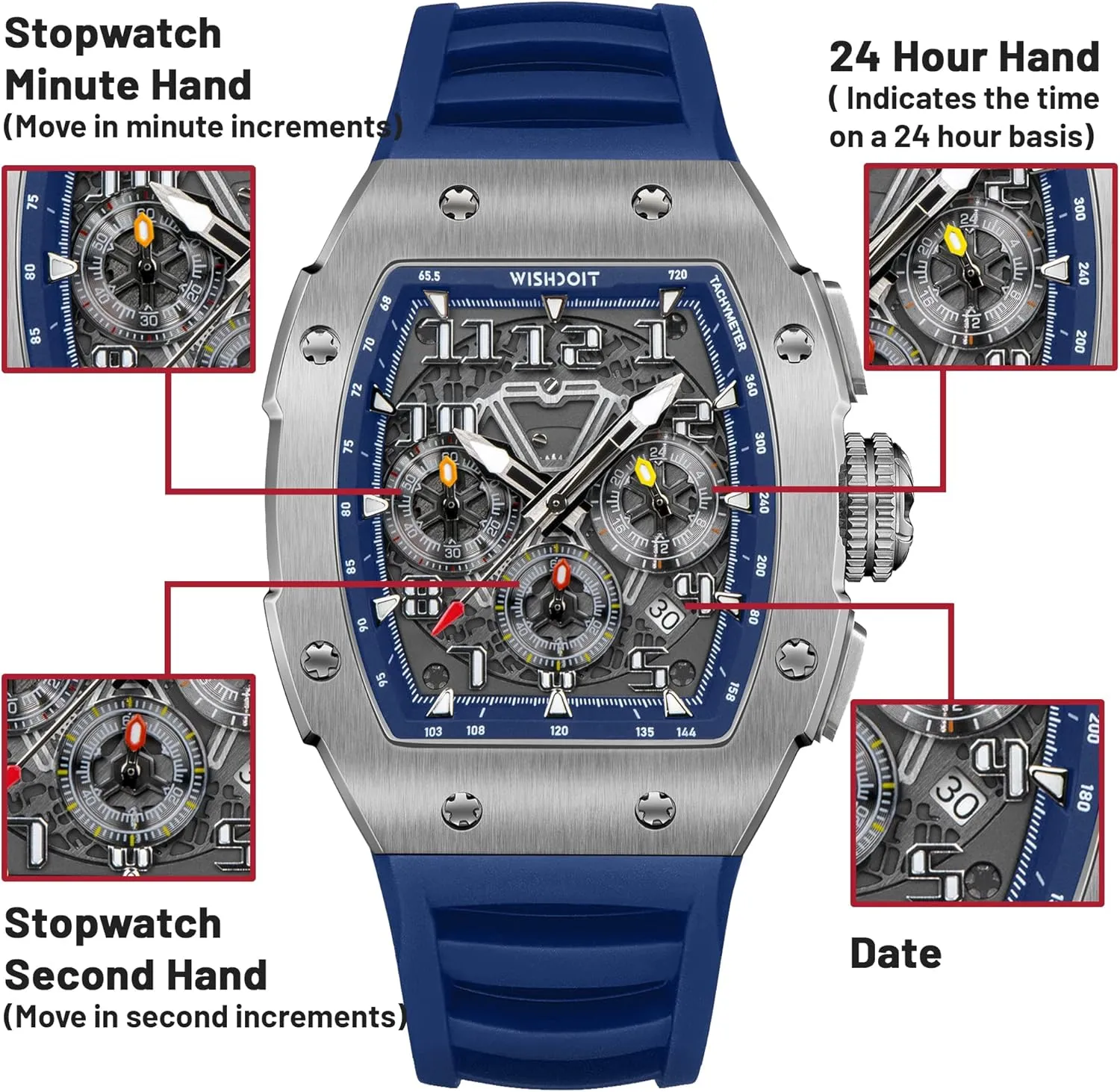 WISHDOIT GT Chronograph Watch Mens Luxury Tonneau Watch Calendar Date Luminous Waterproof Replica Watch for Men FKM Rubber Strap Sport Dress Casual Wristwatch