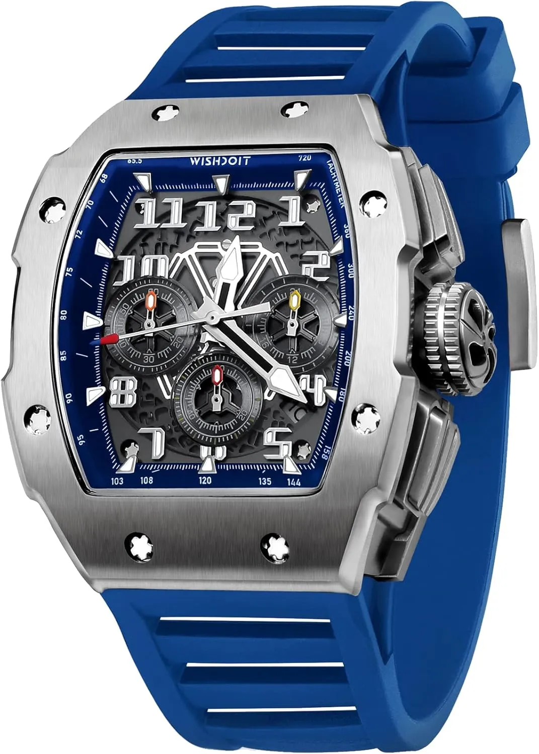 WISHDOIT GT Chronograph Watch Mens Luxury Tonneau Watch Calendar Date Luminous Waterproof Replica Watch for Men FKM Rubber Strap Sport Dress Casual Wristwatch