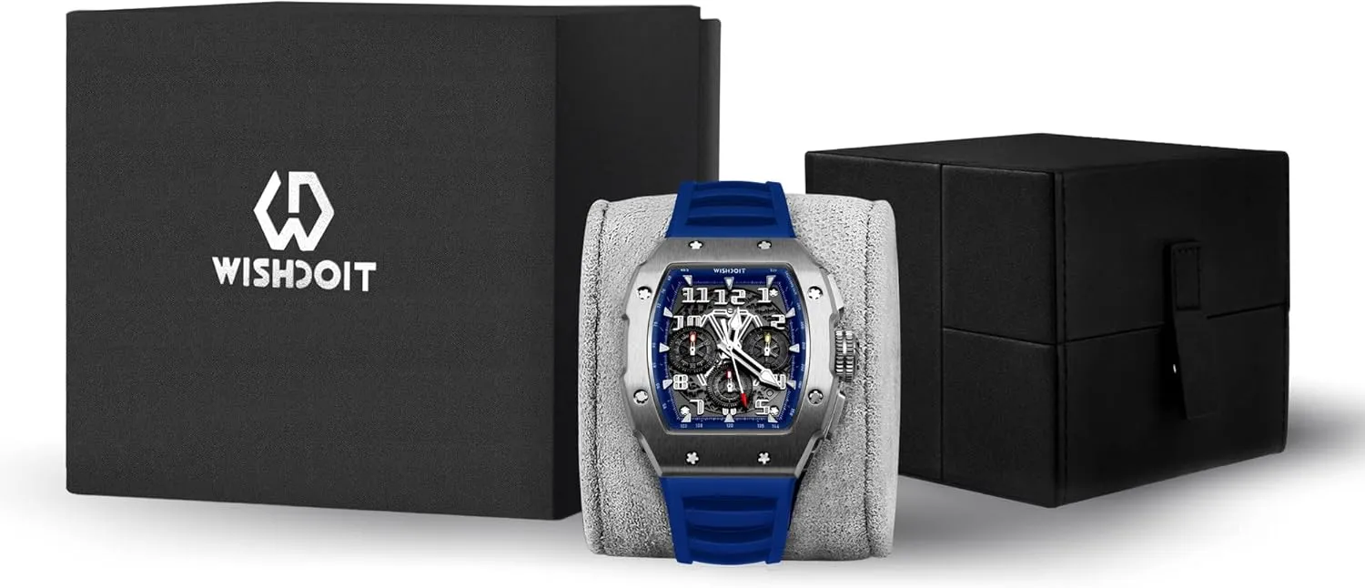 WISHDOIT GT Chronograph Watch Mens Luxury Tonneau Watch Calendar Date Luminous Waterproof Replica Watch for Men FKM Rubber Strap Sport Dress Casual Wristwatch