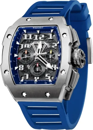 WISHDOIT GT Chronograph Watch Mens Luxury Tonneau Watch Calendar Date Luminous Waterproof Replica Watch for Men FKM Rubber Strap Sport Dress Casual Wristwatch