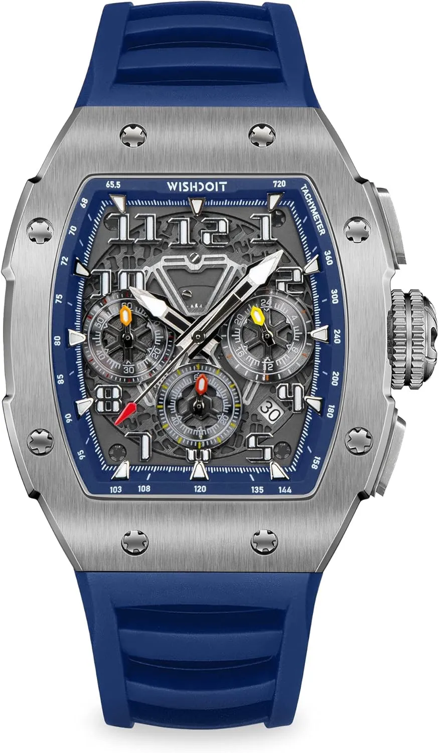 WISHDOIT GT Chronograph Watch Mens Luxury Tonneau Watch Calendar Date Luminous Waterproof Replica Watch for Men FKM Rubber Strap Sport Dress Casual Wristwatch