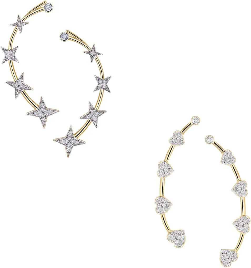 Women Precious American Diamond Gold Plated Earcuff Jewellery - Combo of 2 (Medium)(Gold)