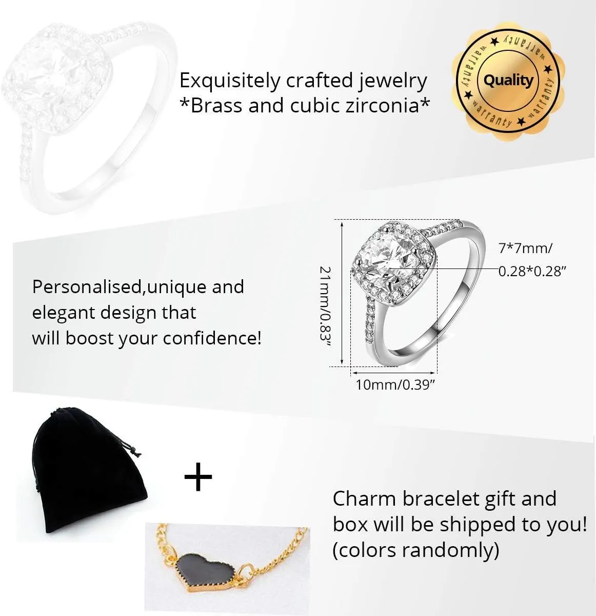Women's CZ Crystal Square Engagement Rings Best Promise Rings Wedding Bands for Women KR002-2D