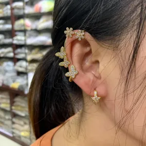 Women's Gold-Plated Butterfly Flower Ear Cuff, Pave CZ Climber, Non-Pierced Clip - Butterfly Left