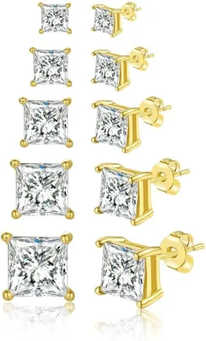 Womens Mens 18K Gold Plated Clear Cubic Zirconia Stud Earrings(5 Pairs)