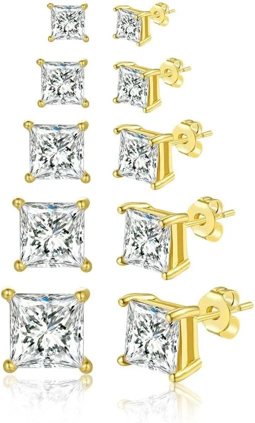 Womens Mens 18K Gold Plated Clear Cubic Zirconia Stud Earrings(5 Pairs)