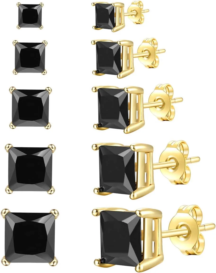 Womens Mens 18K Gold Plated Clear Cubic Zirconia Stud Earrings(5 Pairs)