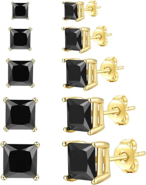 Womens Mens 18K Gold Plated Clear Cubic Zirconia Stud Earrings(5 Pairs)