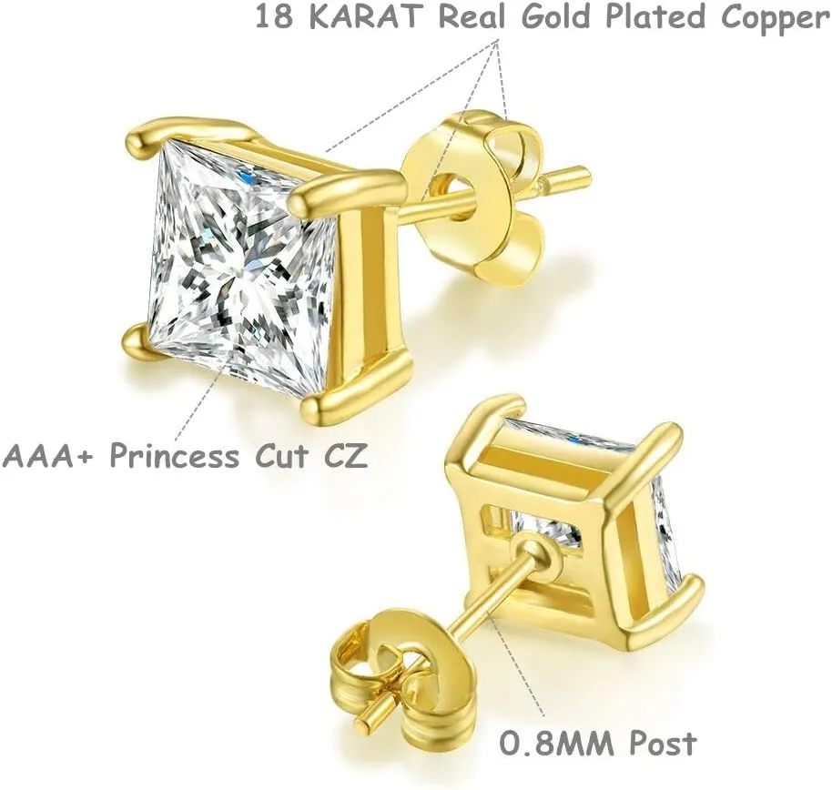 Womens Mens 18K Gold Plated Clear Cubic Zirconia Stud Earrings(5 Pairs)