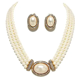Women's Prom Bridal Strands Cream Simulated-Pearl Crystal Gold Necklace Clip on Earrings Set Gift Bijoux (Cream)