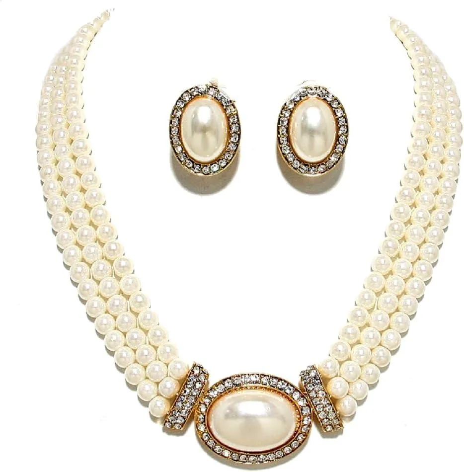 Women's Prom Bridal Strands Cream Simulated-Pearl Crystal Gold Necklace Clip on Earrings Set Gift Bijoux (Cream)