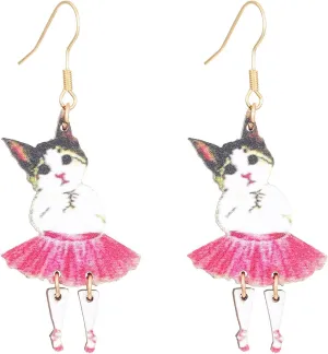 Wooden Cat Ballet Dance Earrings Lightweight Funny Cartoon Dancing Kitten Animal Natural Wood Cute Dangle Drop Earrings for Women Pet Cat Lovers Christmas Halloween Birthday Party Fashion Jewelry Gifts