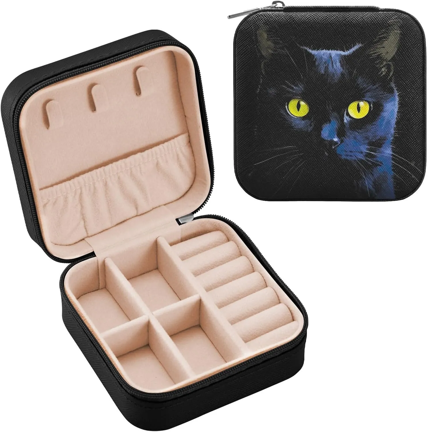 xigua Black Cat Jewelry Box for Women Girls, Portable PU Leather Mini Jewelry Travel Case for Ring, Earring, Necklace, Bracelet