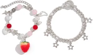 Y2K Bracelets Matching Beaded Star Moon Strawberry Strand Bracelet Aesthetic Imitation Pearl Couple Bracelet for Women Friendship Jewelry