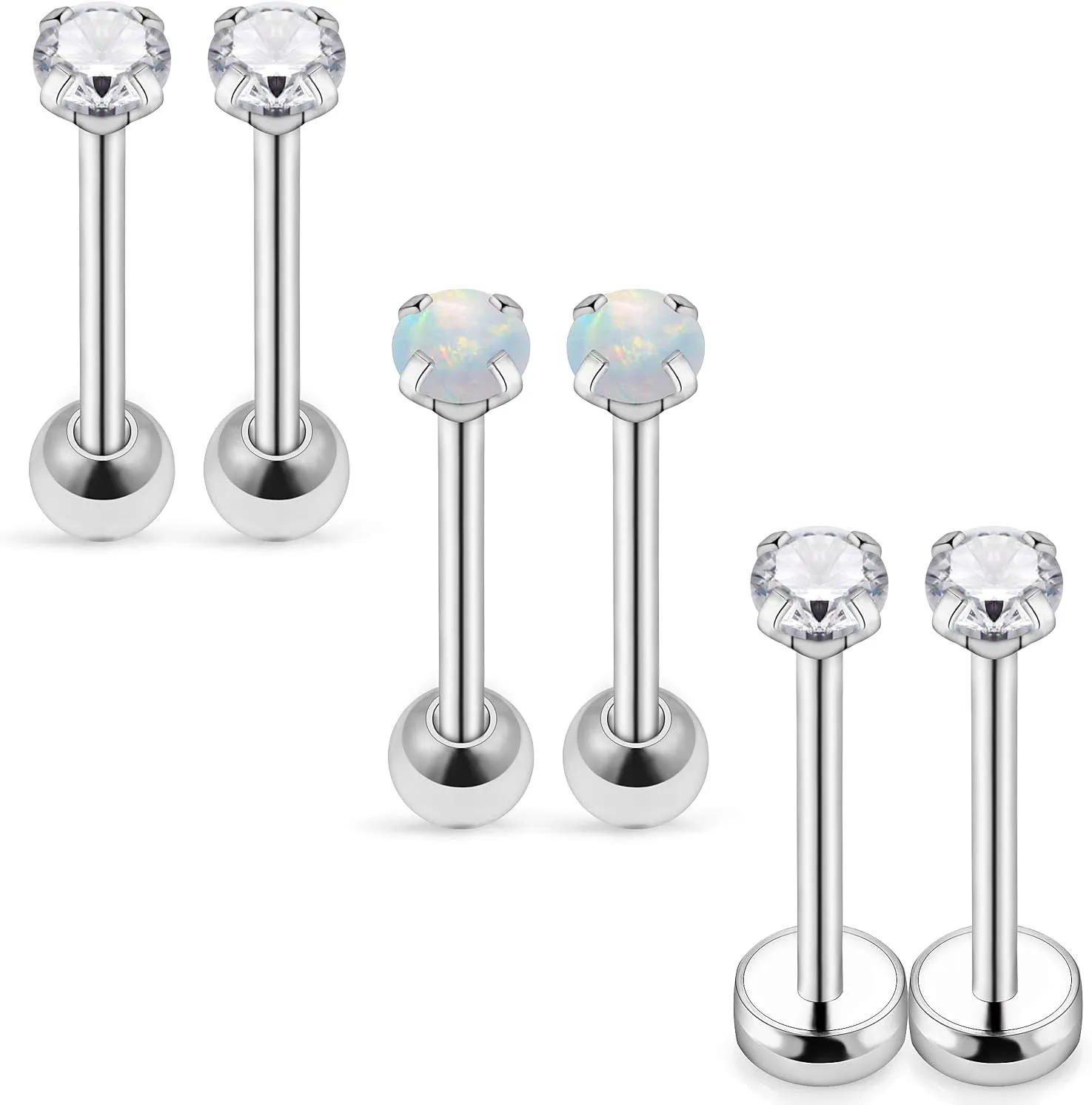 Yaalozei 18G & 20G Screw Back Earrings - Hypoallergenic Stainless Steel Studs with Cubic Zirconia for Women & Men