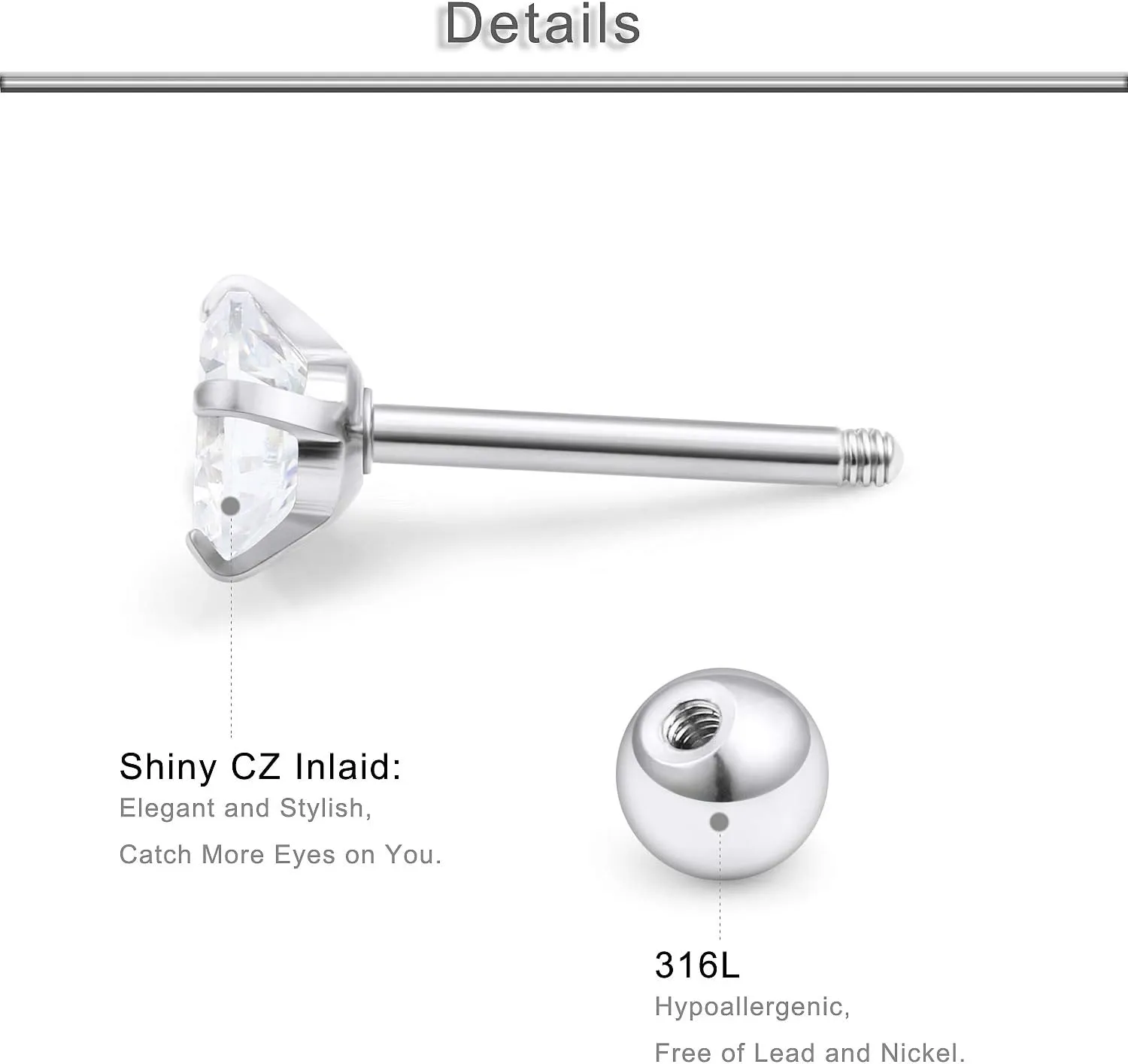 Yaalozei 18G & 20G Screw Back Earrings - Hypoallergenic Stainless Steel Studs with Cubic Zirconia for Women & Men