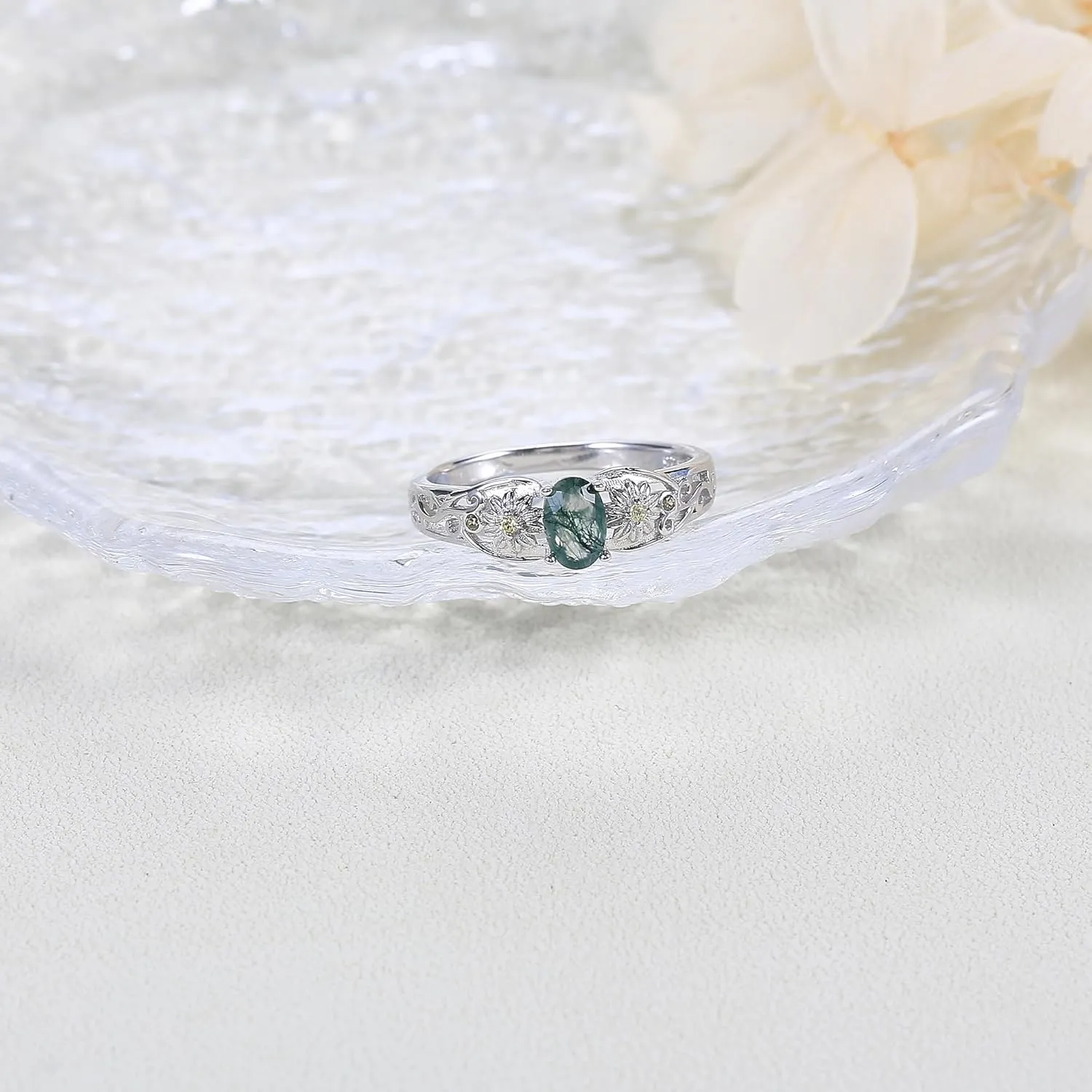 YAFEINI Natural Moss Agate Ring 925 Sterling Silver Daisy Ring Sunflower Ring Moss Agate Ring Jewelry Gifts for Mom Girls (7-10)
