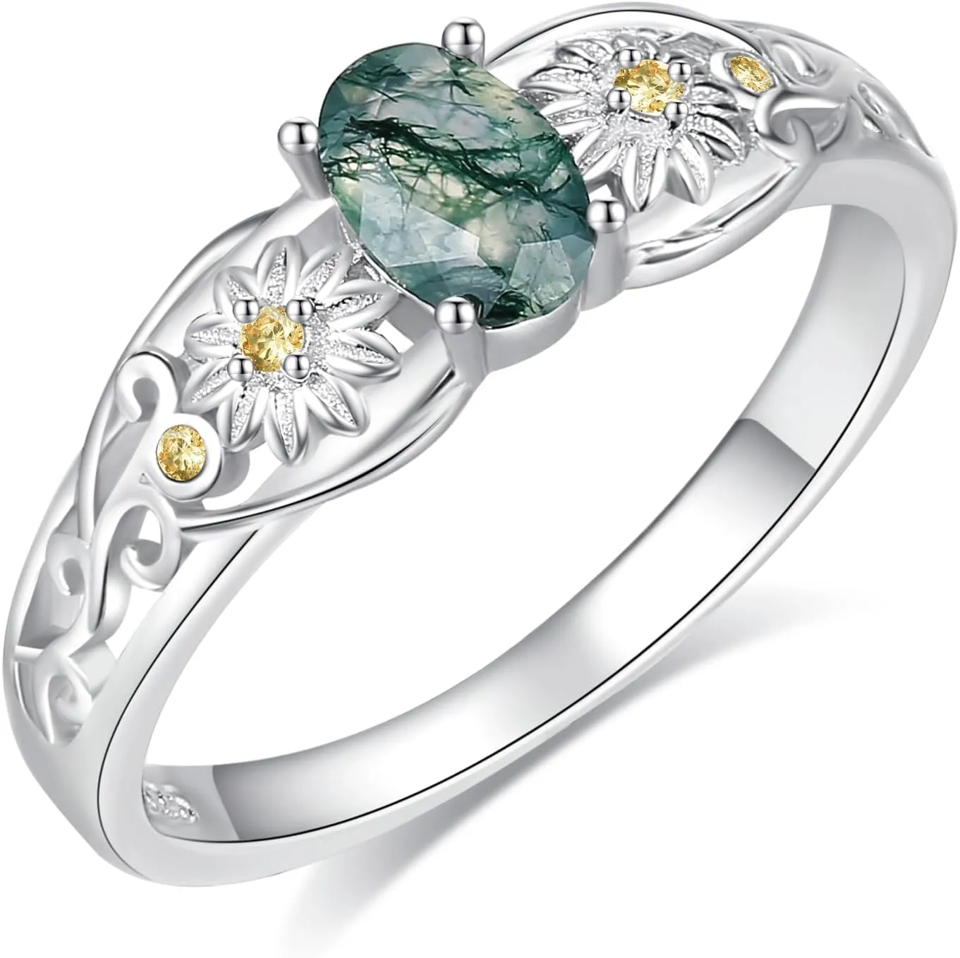 YAFEINI Natural Moss Agate Ring 925 Sterling Silver Daisy Ring Sunflower Ring Moss Agate Ring Jewelry Gifts for Mom Girls (7-10)