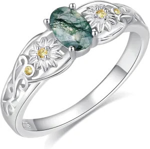 YAFEINI Natural Moss Agate Ring 925 Sterling Silver Daisy Ring Sunflower Ring Moss Agate Ring Jewelry Gifts for Mom Girls (7-10)