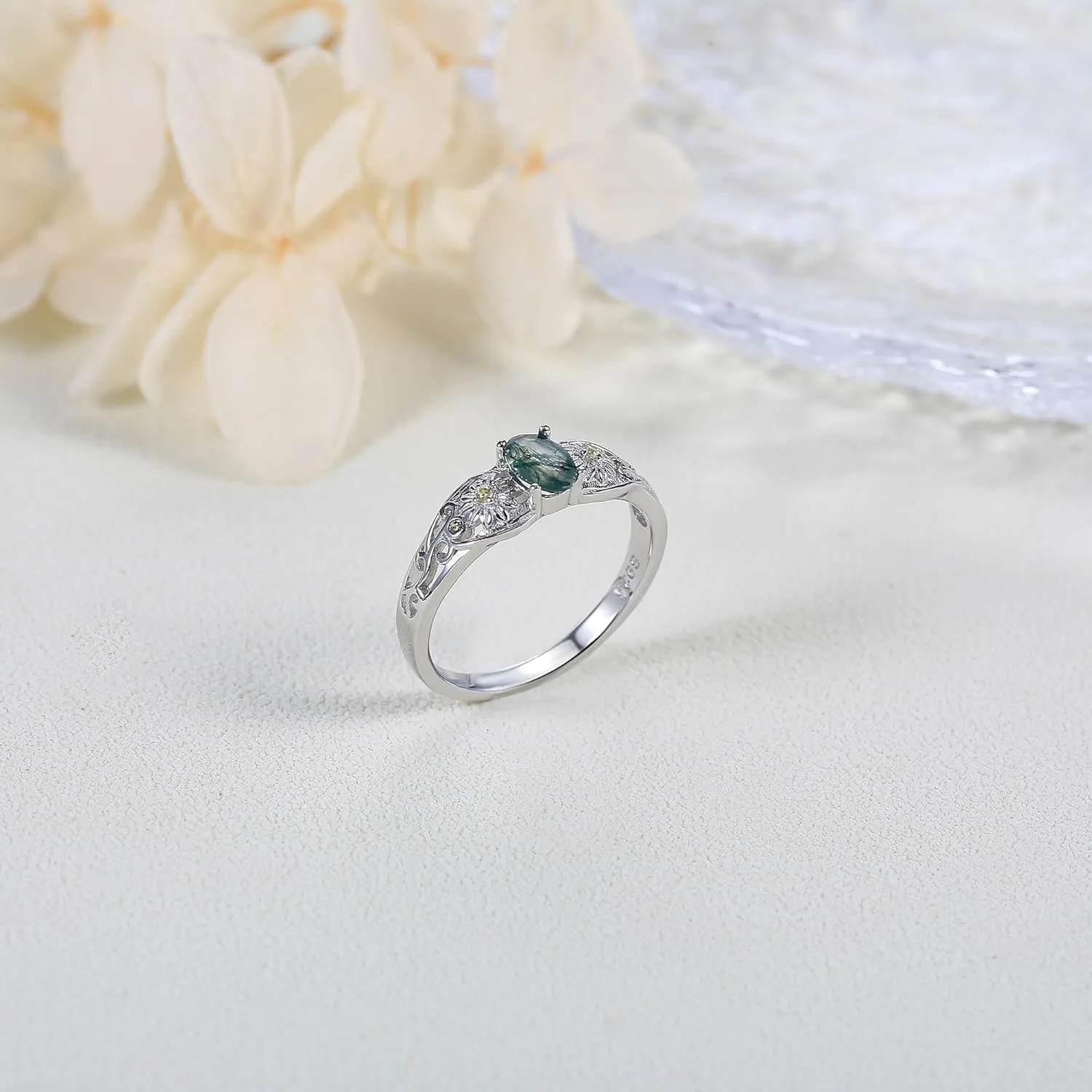 YAFEINI Natural Moss Agate Ring 925 Sterling Silver Daisy Ring Sunflower Ring Moss Agate Ring Jewelry Gifts for Mom Girls (7-10)