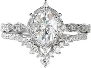 YDD 925 Sterling Silver 1.5ct Oval Moissanite Engagement Rings for Women Bridal Set 2pcs Oval Vine Vintage Inspired V Shaped Wedding Band Anniversary