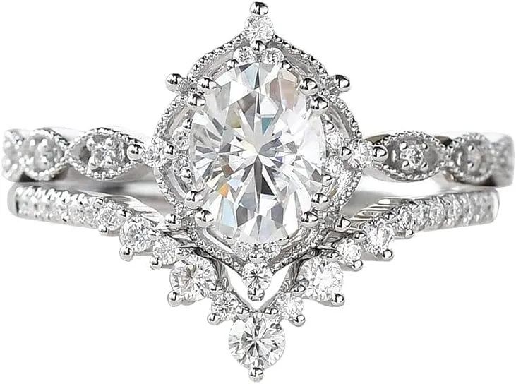 YDD 925 Sterling Silver 1.5ct Oval Moissanite Engagement Rings for Women Bridal Set 2pcs Oval Vine Vintage Inspired V Shaped Wedding Band Anniversary